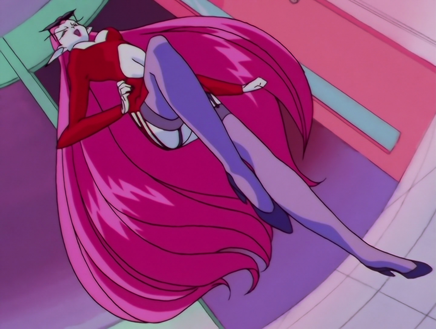 Sailor Ojou, a Phage from Sailor Moon episode 178. She has pale white skin and very long pink hair. She’s wearing a red dress with lilac stockings and purple high heels, and she also has shades that she’s not currently wearing and are sitting on her head. She’s seen from below, and she’s got one knee raised while she does the ojousama laugh. O-ho-ho-ho!